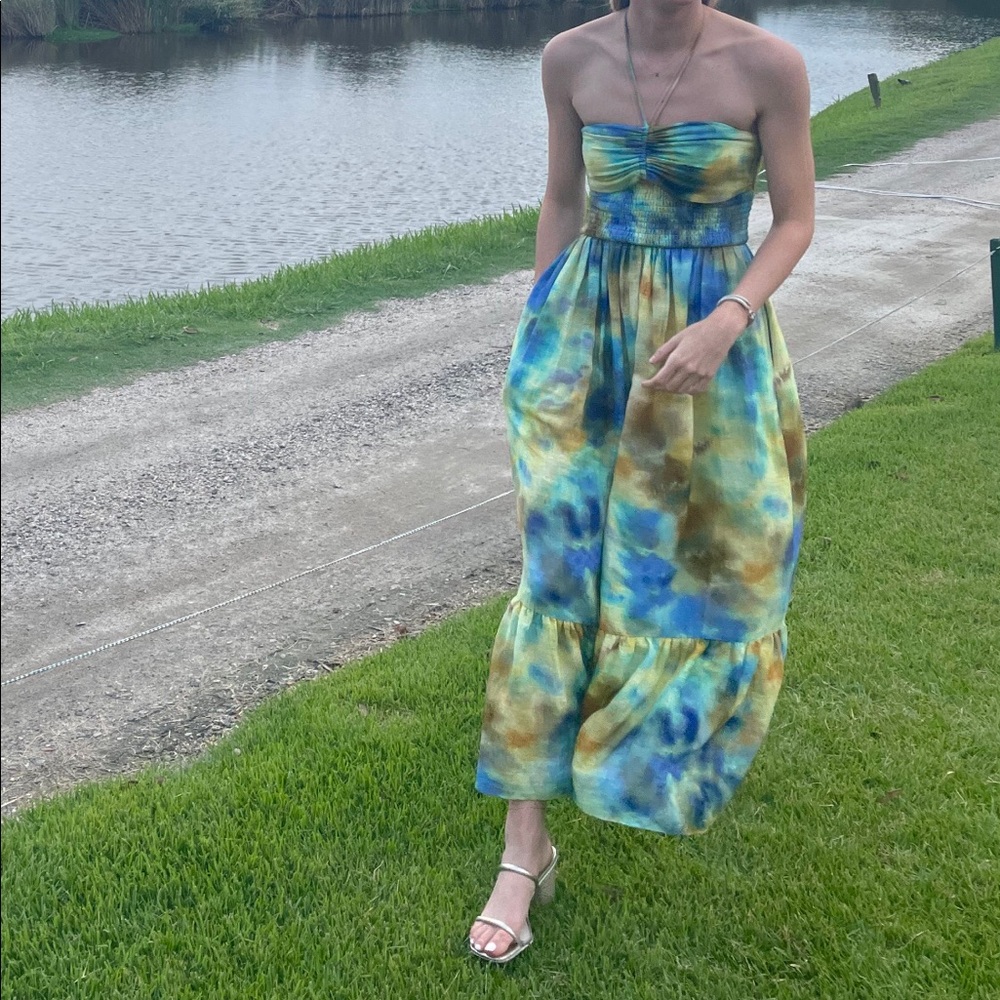 HUNTER BELL Strapless Tie-Dye Maxi Dress in Blue, Green & Gold